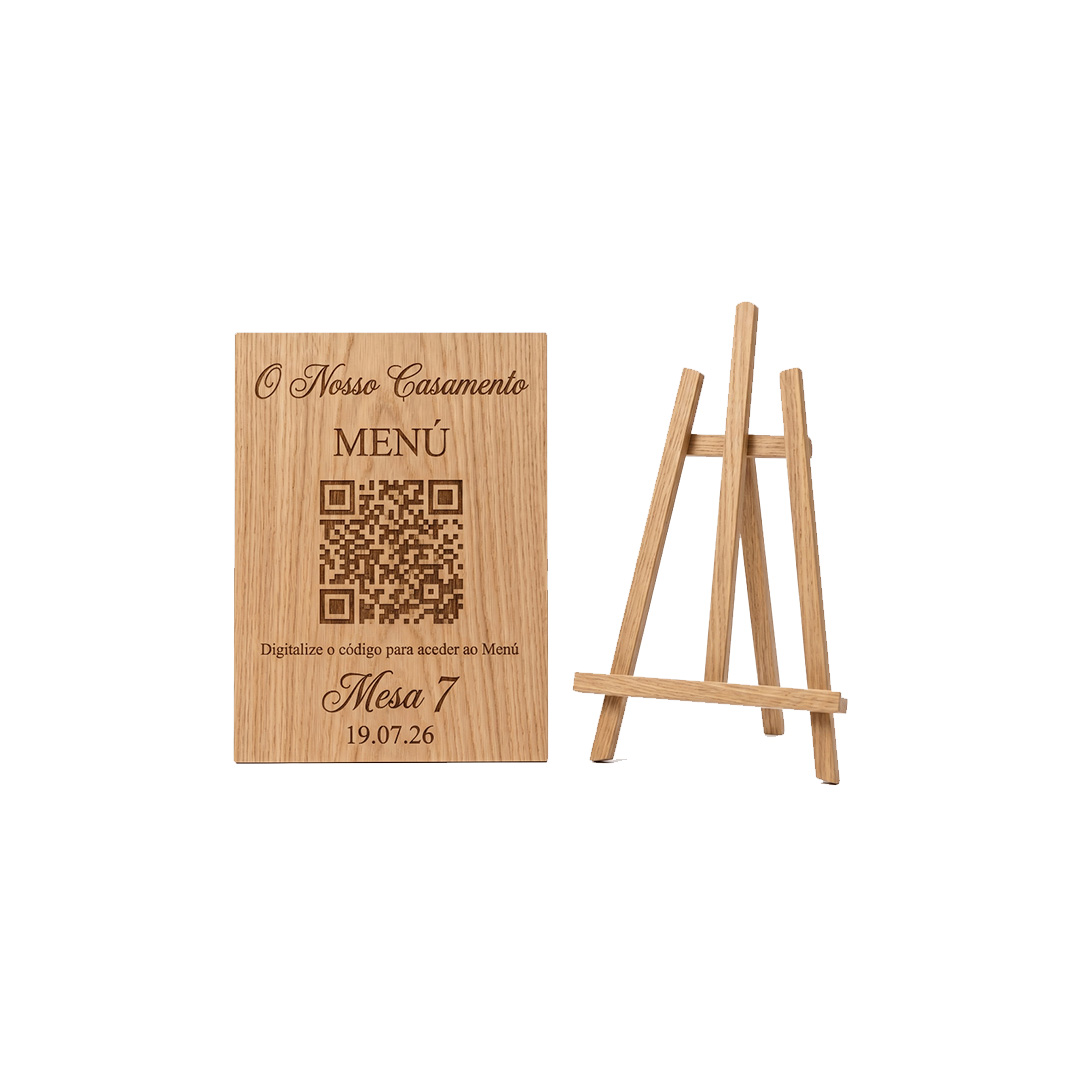 Ementa em Madeira com Código QR e Suporte – Elegância Digital para Eventos